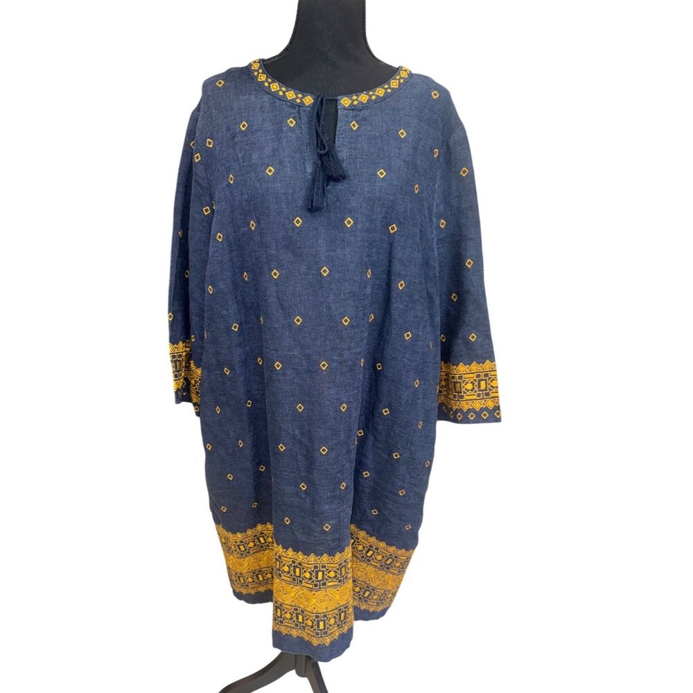 Garnet Hill Navy Gold Linen Women 16 Embroidered Tunic Dress Boho Sustainable